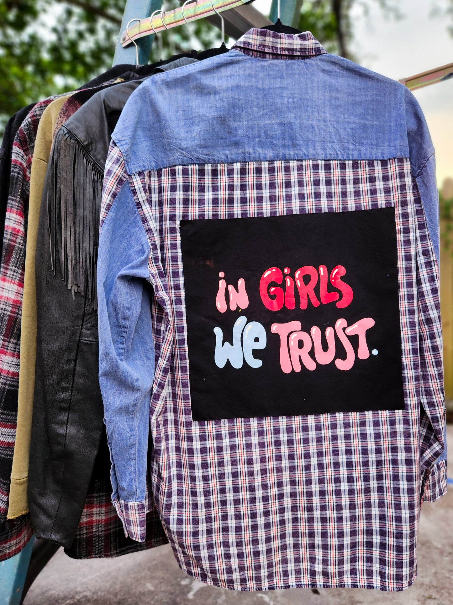 In Girls We Trust Patchwork Long Sleeve Button Up